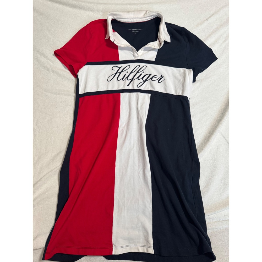 Tommy Hilfiger Womens Colorblock Polo Dress Red White Navy Blue Script Logo M